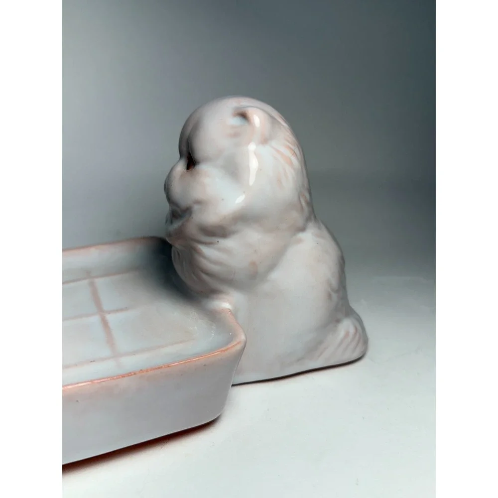 Vintage Persian Cat Soap Dish‎ White Glazed Redware Pottery Mid Century 5.5
